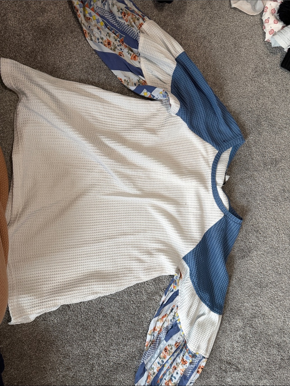 DAVI & DANI White Waffle Knit Top with Blue Raglan and Patterned Sleeves